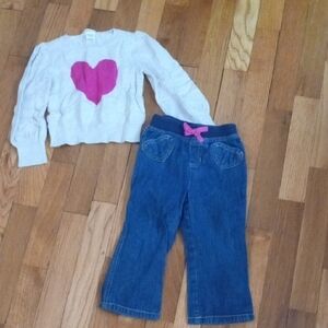 White Sweater with Pink Heart and Blue Jeans Set girl 2t